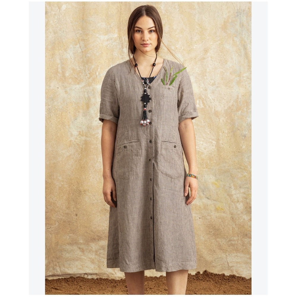 Gudrun Sjoden XXL Striped Linen Lagenlook Brown Beige Button Front Midi Dress